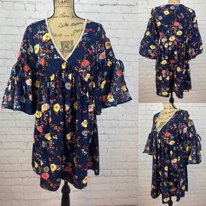 UMGEE Navy Blue Floral Babydoll Split Bell Sleeve Dress